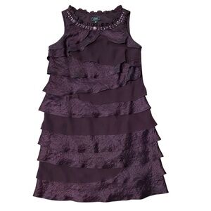 Collection Dressbarn Purple Party Dress Womens 16 Tiered Ruffle Beaded Crew Neck